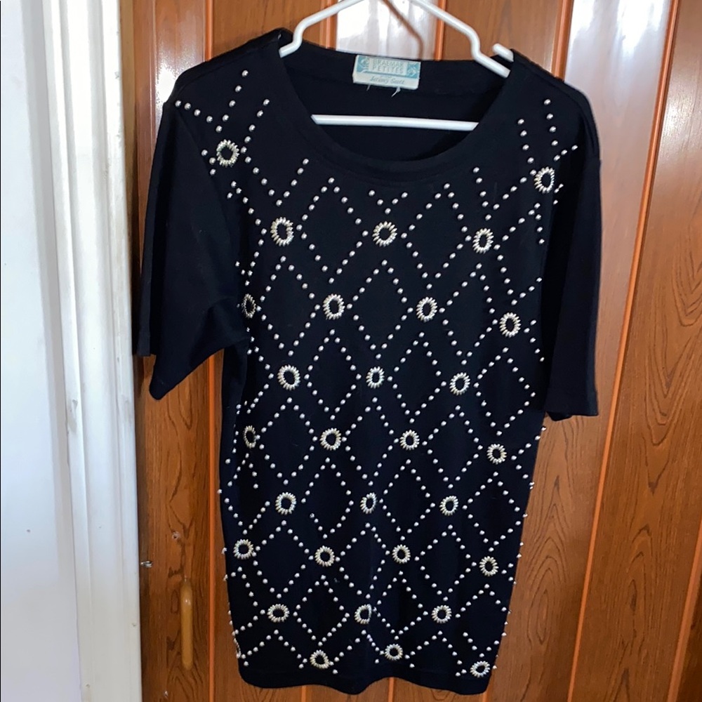 Carole Little Black and White Embellished Short Sleeve Tee